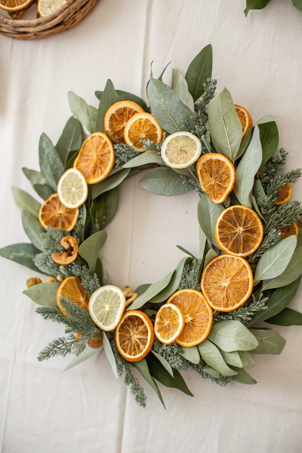 Add a zest of freshness to your home decor with this exquisite magnolia wreath, featuring dried citrus slices for a pop of color and fragrance.