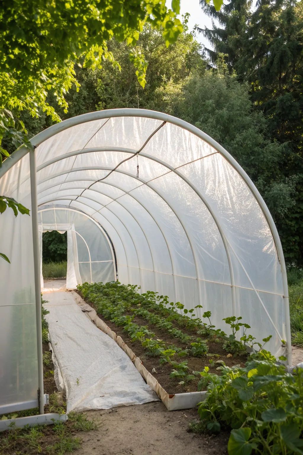 Embrace whimsy with a minimalist hula hoop greenhouse, where simplicity meets natural beauty.
