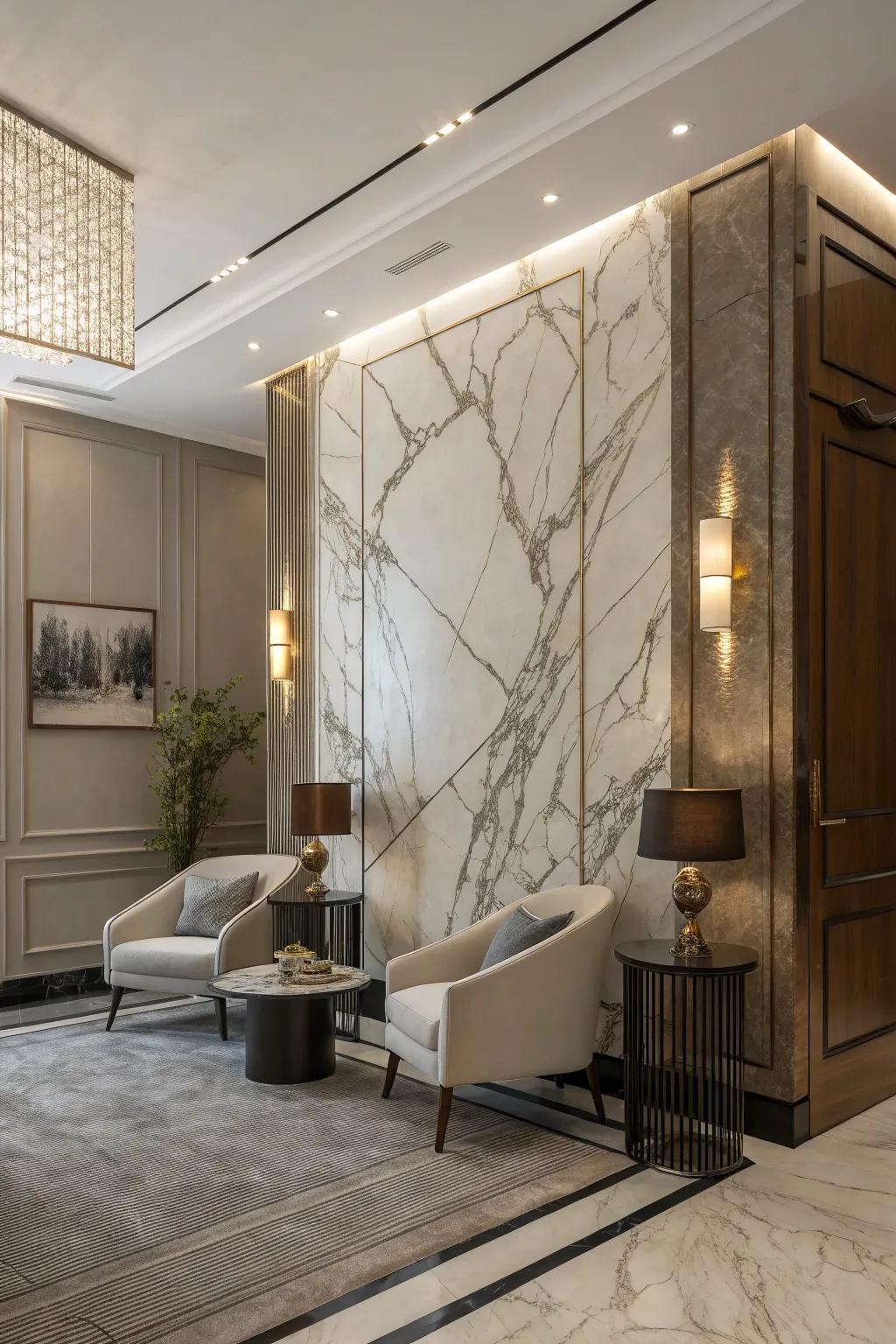 Marble accent walls make bold design statements.