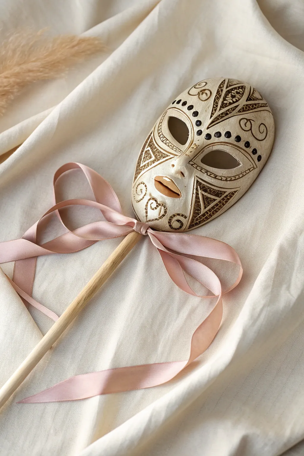 Unveil the mystery with hand-held elegance: A mask design that merges simplicity with sophistication.