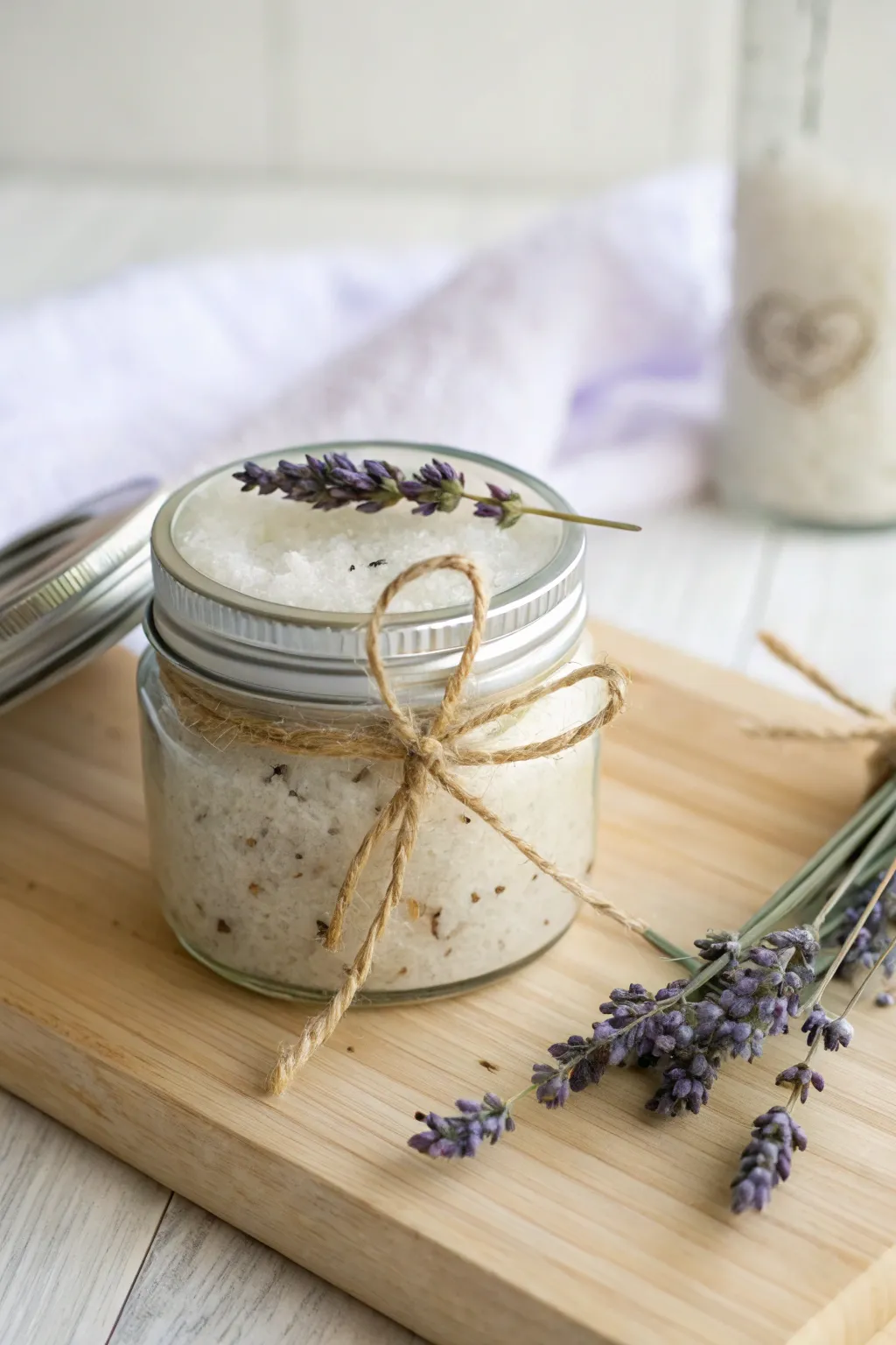 Indulge in the soothing elegance of lavender sugar scrub, a perfect handcrafted gift in a jar.