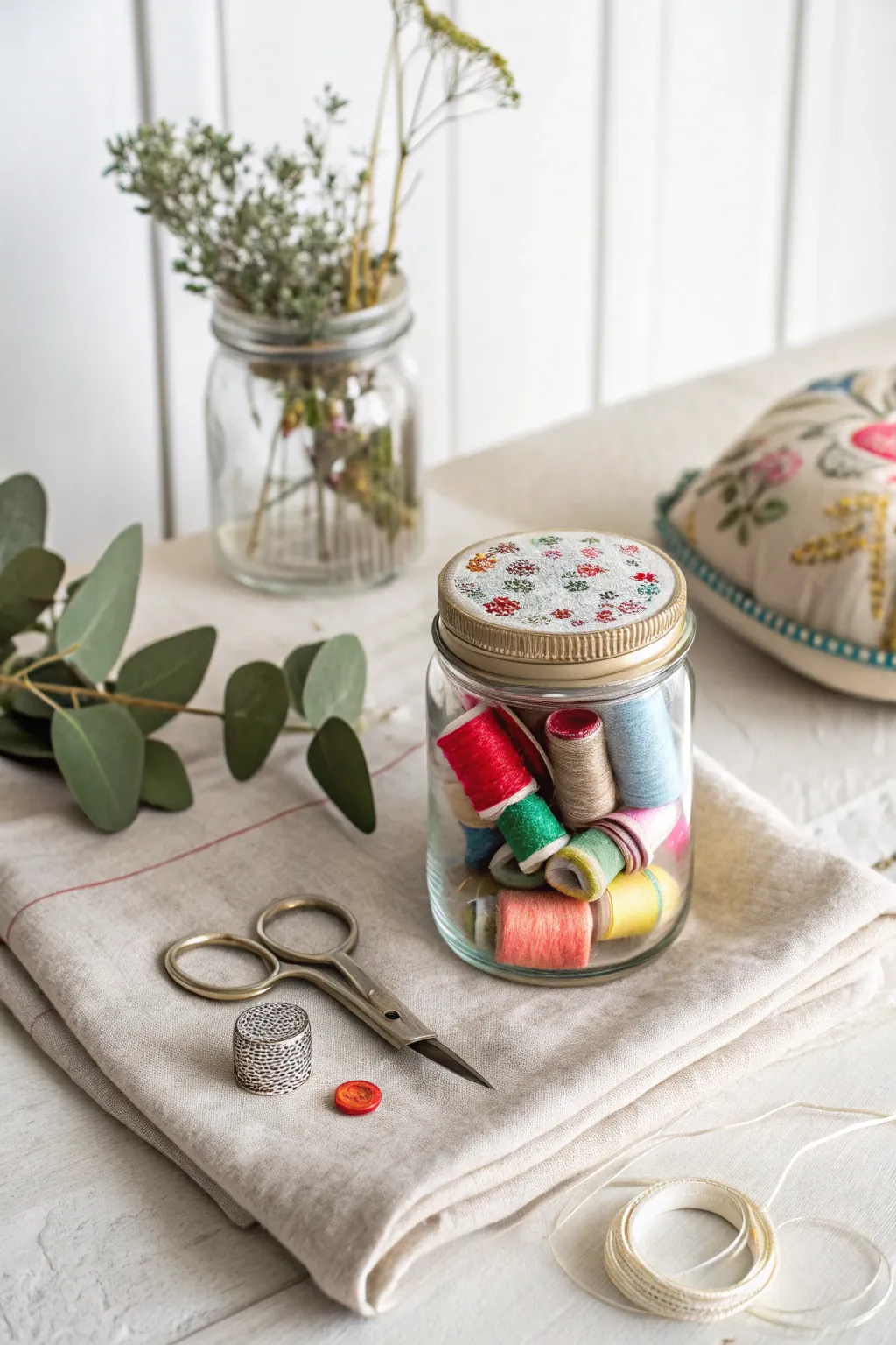 Crafted with love: A serene and stylish sewing kit in a mason jar, perfect for Mother's Day.