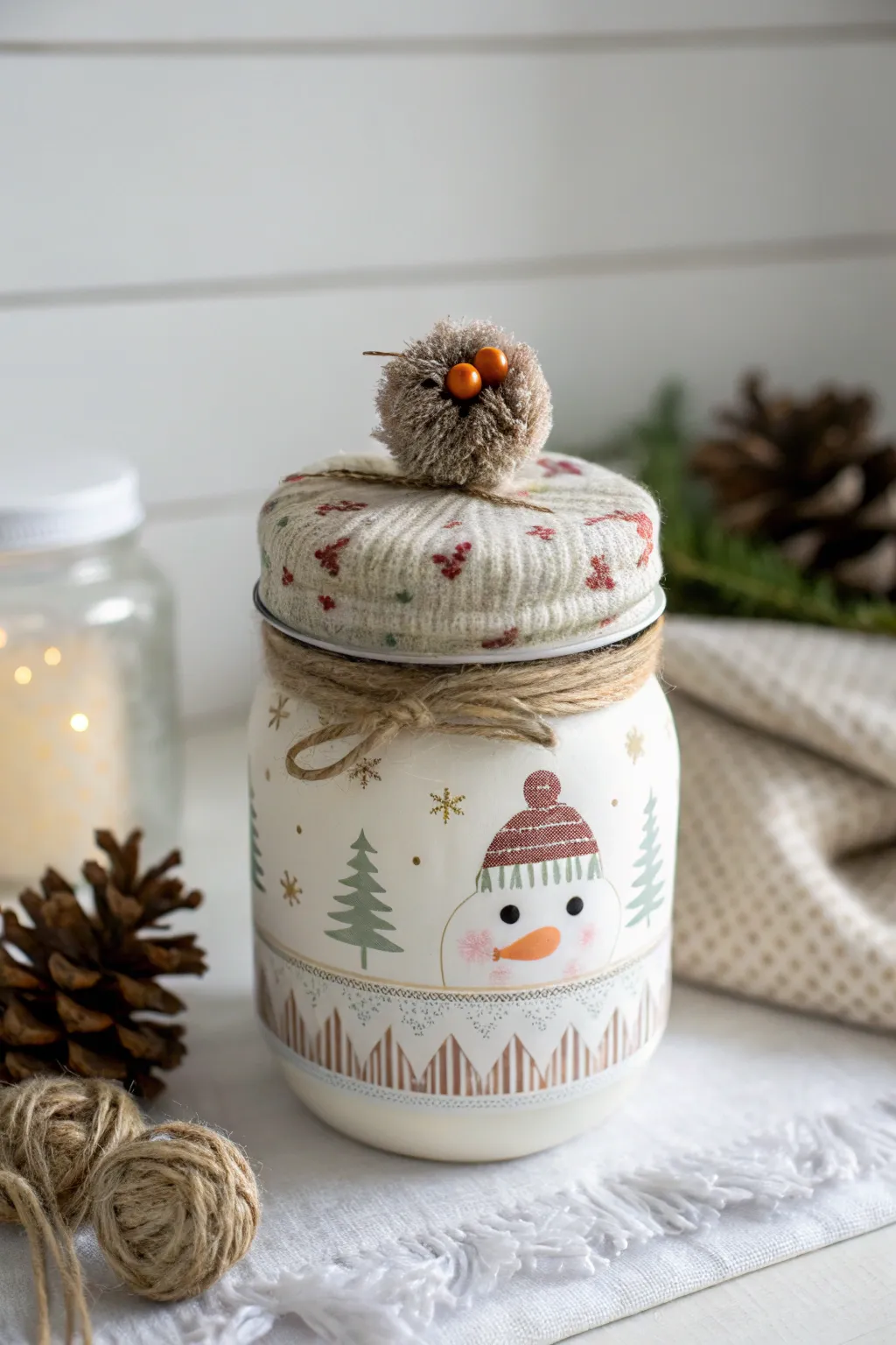 Elevate your mason jar snowman with a touch of Scandinavian charm and boho flair.