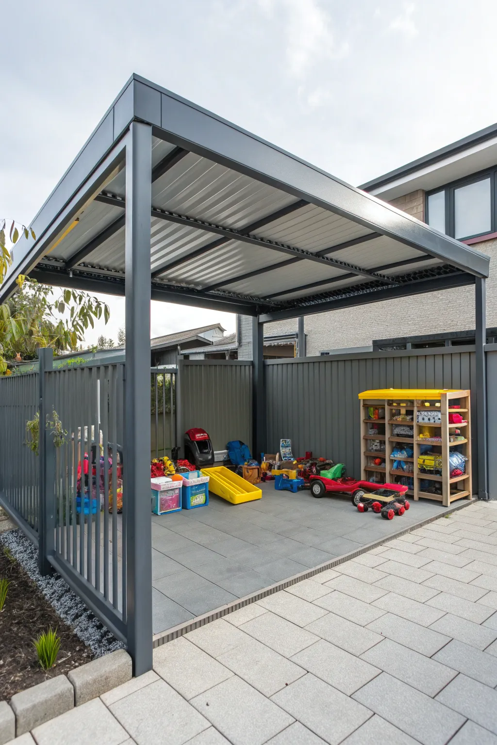Transform your carport into a stylish and safe play haven for kids, combining elegance with functionality.
