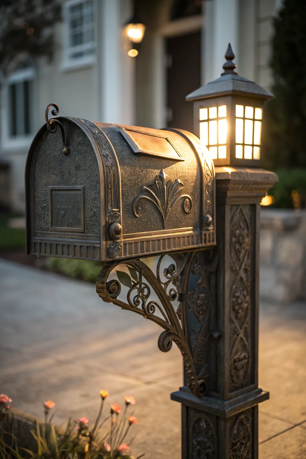 Illuminate your curb appeal with this masterfully crafted metal mailbox post, featuring stylish solar lights for an enchanting nighttime glow.
