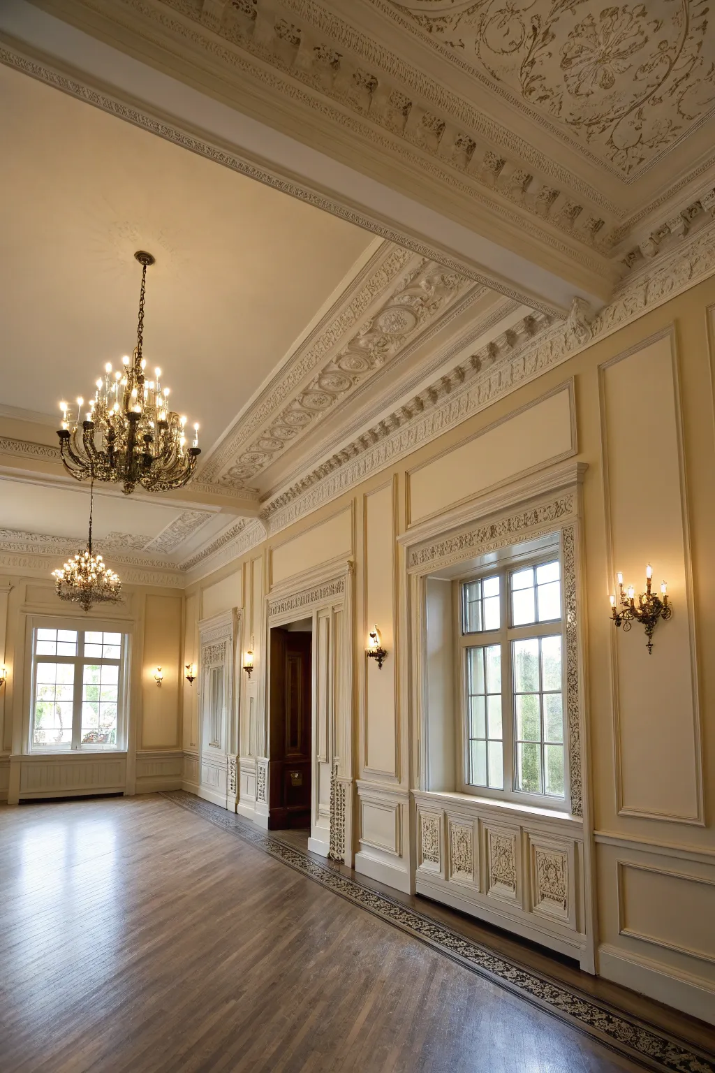 Tall crown molding adding grandeur to a high-ceilinged room.