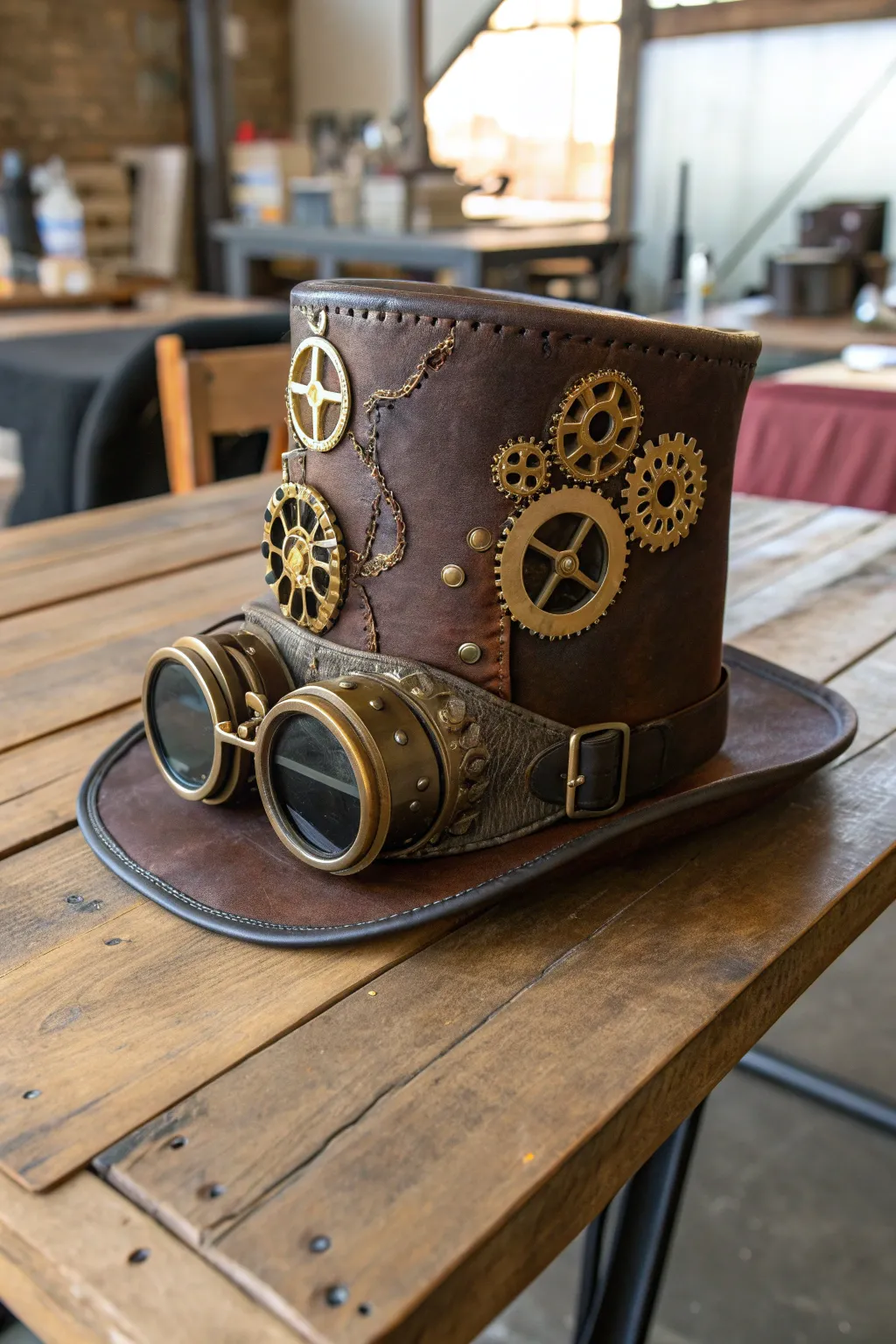 Embrace your inner inventor with this handcrafted steampunk top hat, a masterpiece of recycled elegance.
