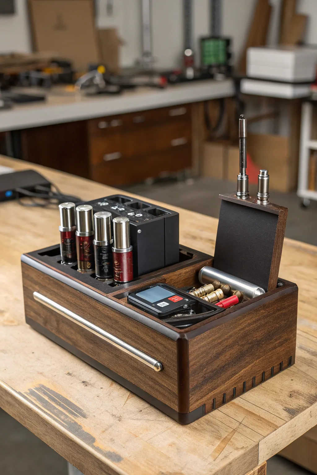 Elevate your workshop efficiency with a finely crafted compact charging station.