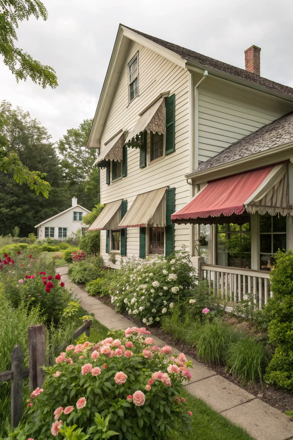 Classic canvas awnings add a timeless charm to this farmhouse.
