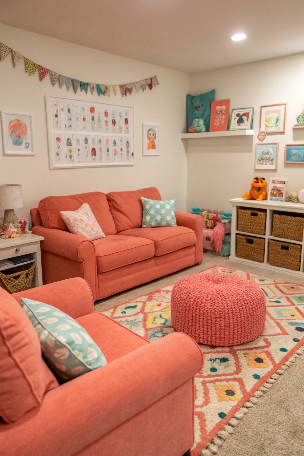 Coral adds vibrancy and fun to family rooms.