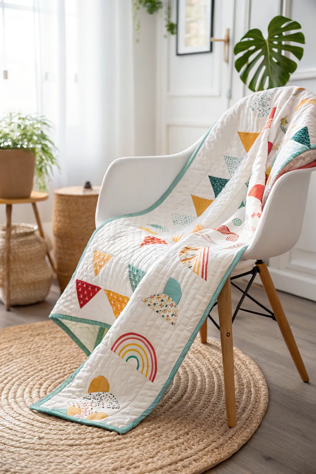 Add a splash of joy to your space with this playful, modern quilt—perfect for infusing any room with warmth and whimsy.