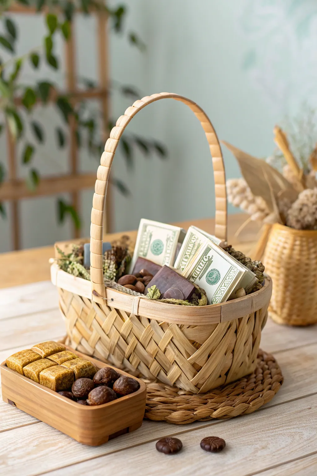 Gift luxury with a touch of elegance – the perfect gourmet money basket.