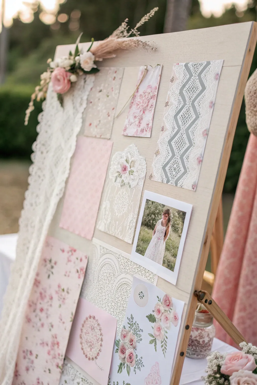 Romantic mood board with elegant and dreamy elements.