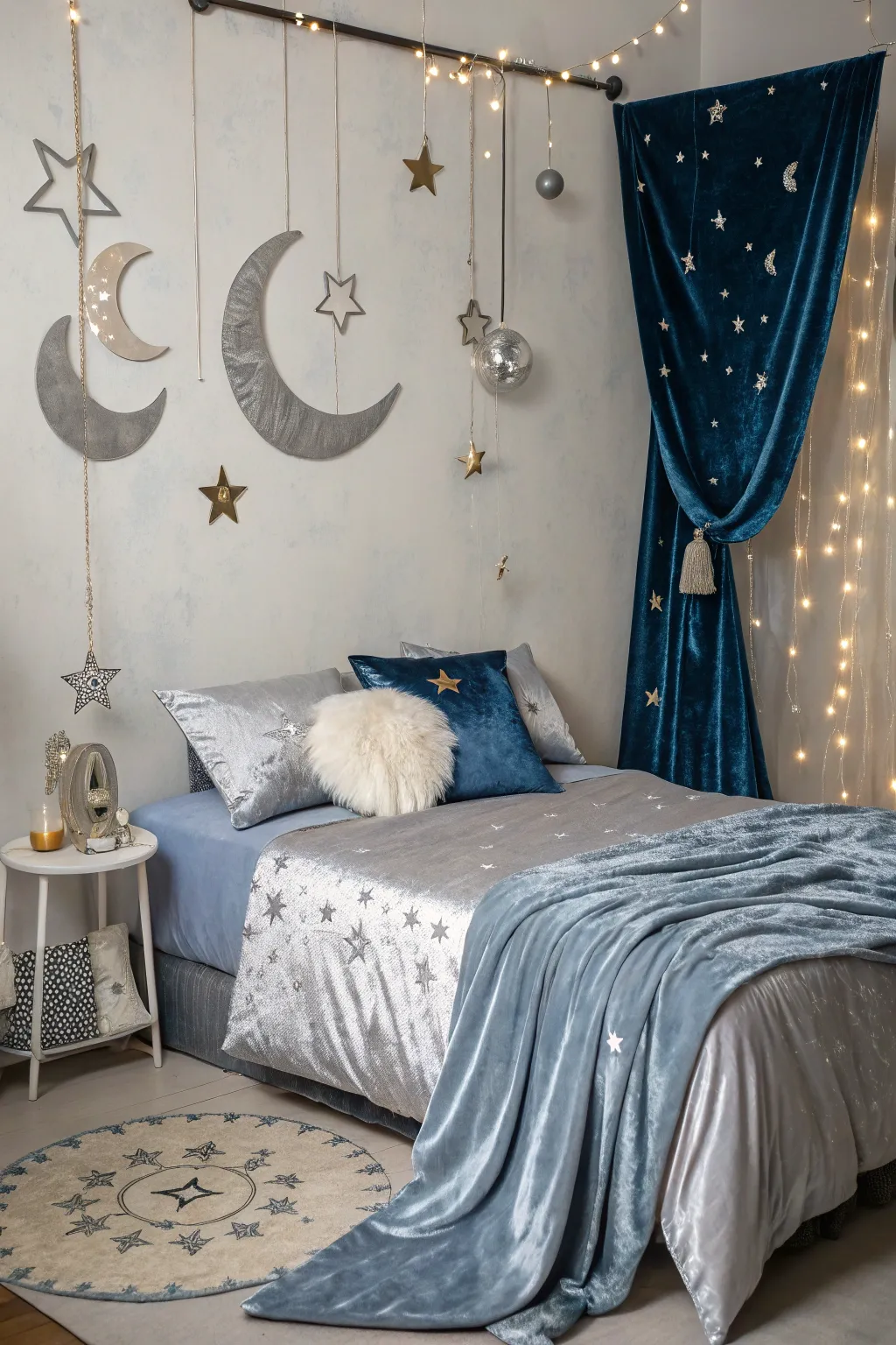 Silk and velvet add a touch of luxury to your moon-themed bedroom.