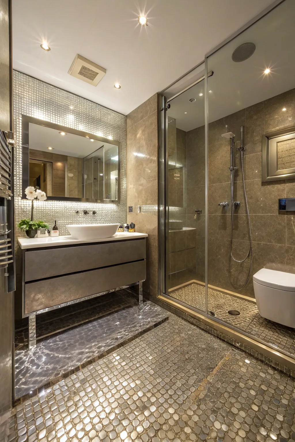 Metallic mosaic tiles add a touch of glamour to the bathroom floor.