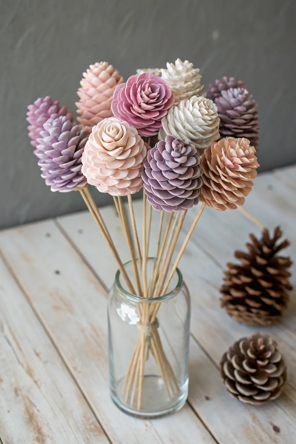 Crafted with love: A rustic pine cone posy bouquet perfect for a cozy Mother's Day centerpiece.