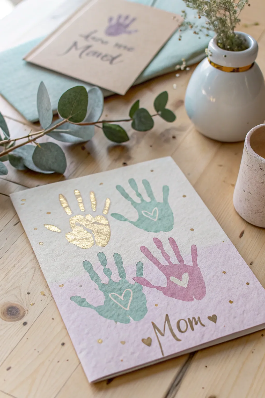 Capture the love of family with a handcrafted touch - a Mother's Day card adorned with treasured handprints.