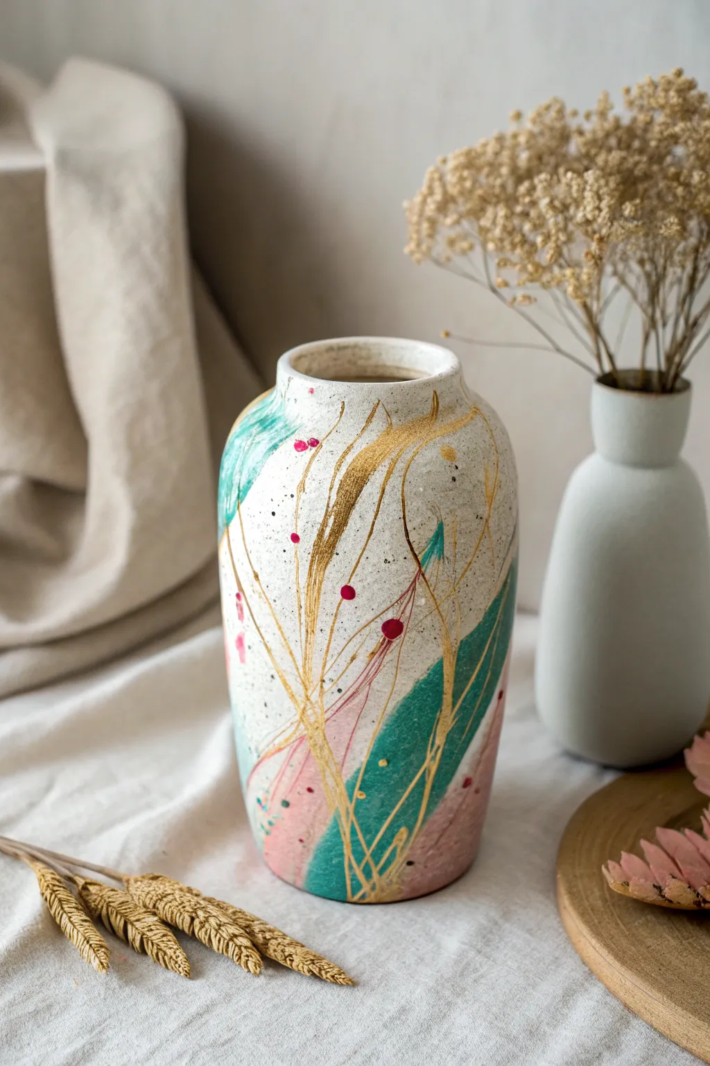Elevate your space with a splash of creativity - abstract designs on a handcrafted mud vase.