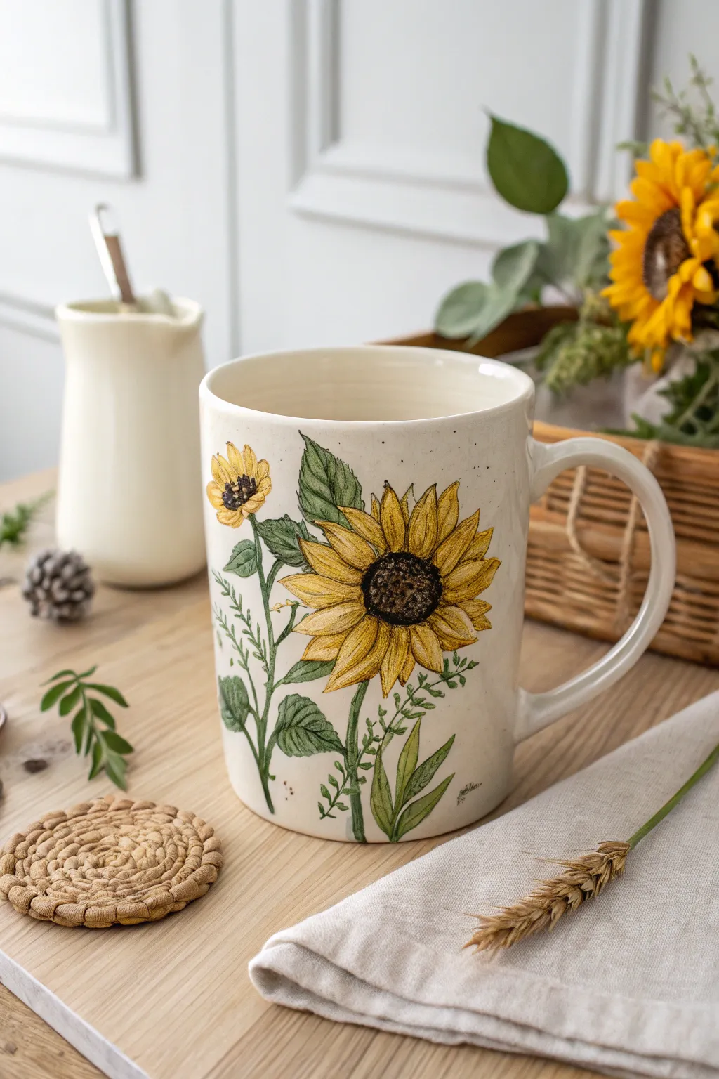 Brighten your mornings with the simple joy of hand-painted sunflowers.