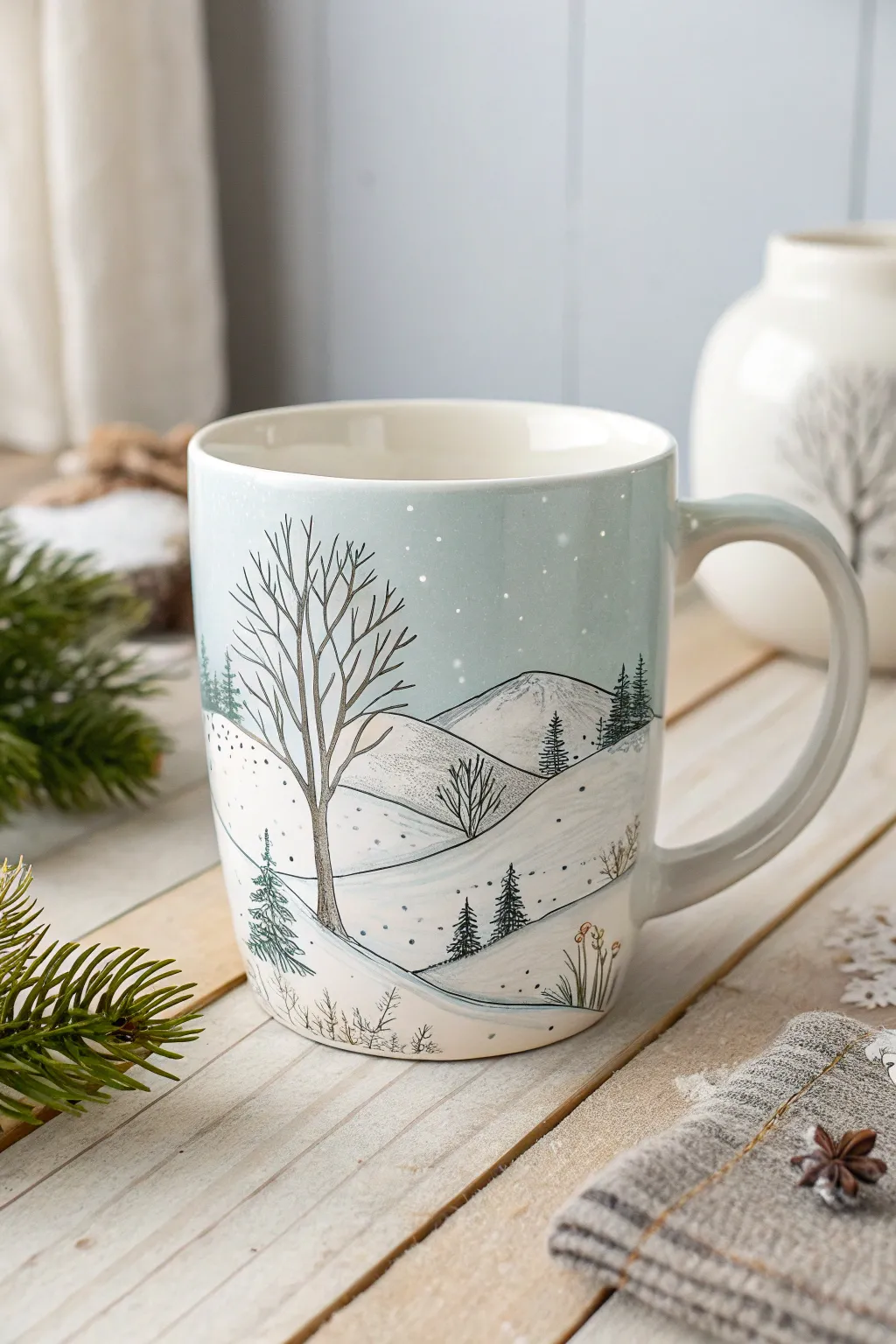 Sip through the seasons with this elegantly hand-painted winter landscape mug. A perfect blend of minimalist design and natural beauty.