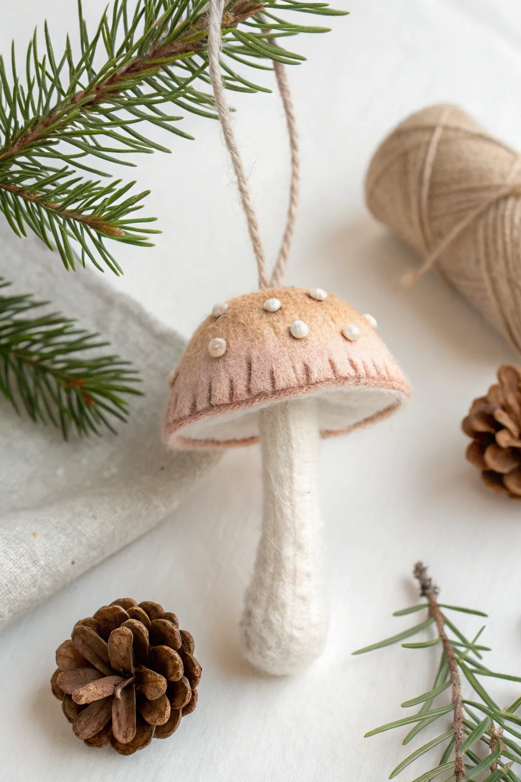 Embrace woodland whimsy with this charming felted mushroom ornament—perfect for a minimalist holiday touch.