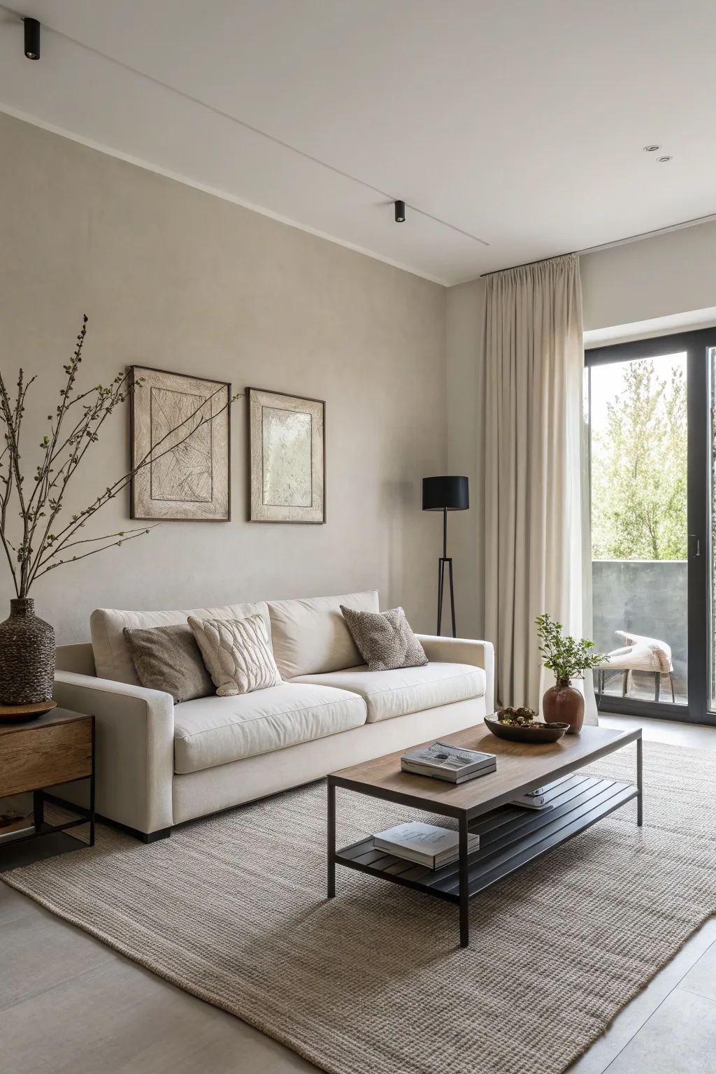 Clean lines and sleek decor define this minimalist, neutral living room.