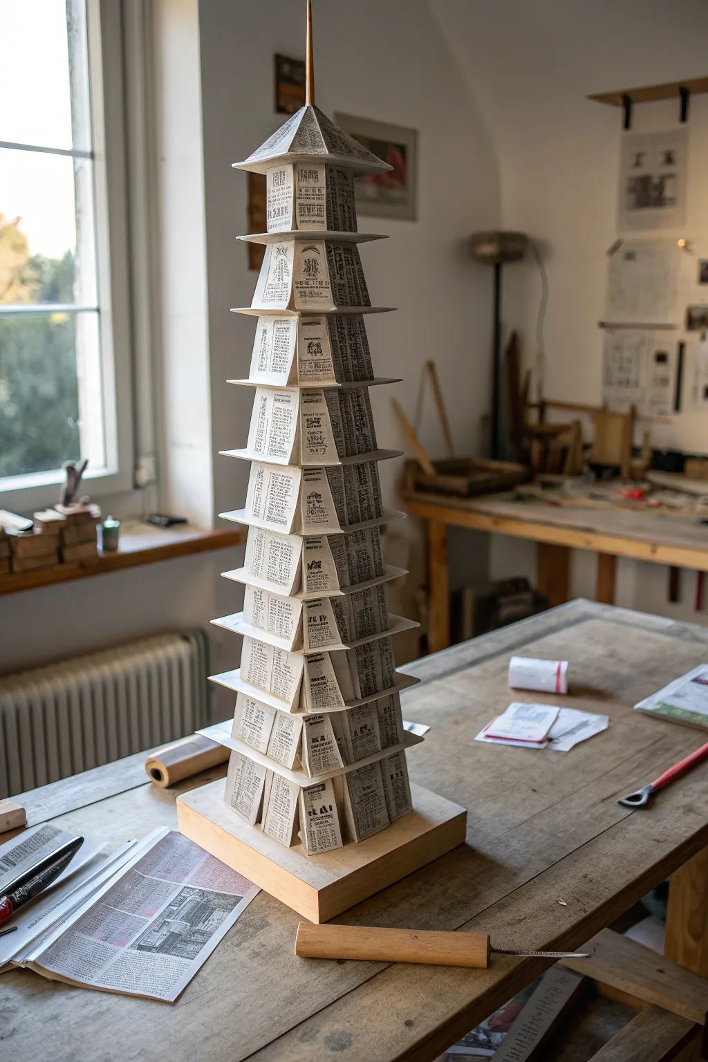 Master the art of tension and compression with this ingeniously crafted newspaper tower.