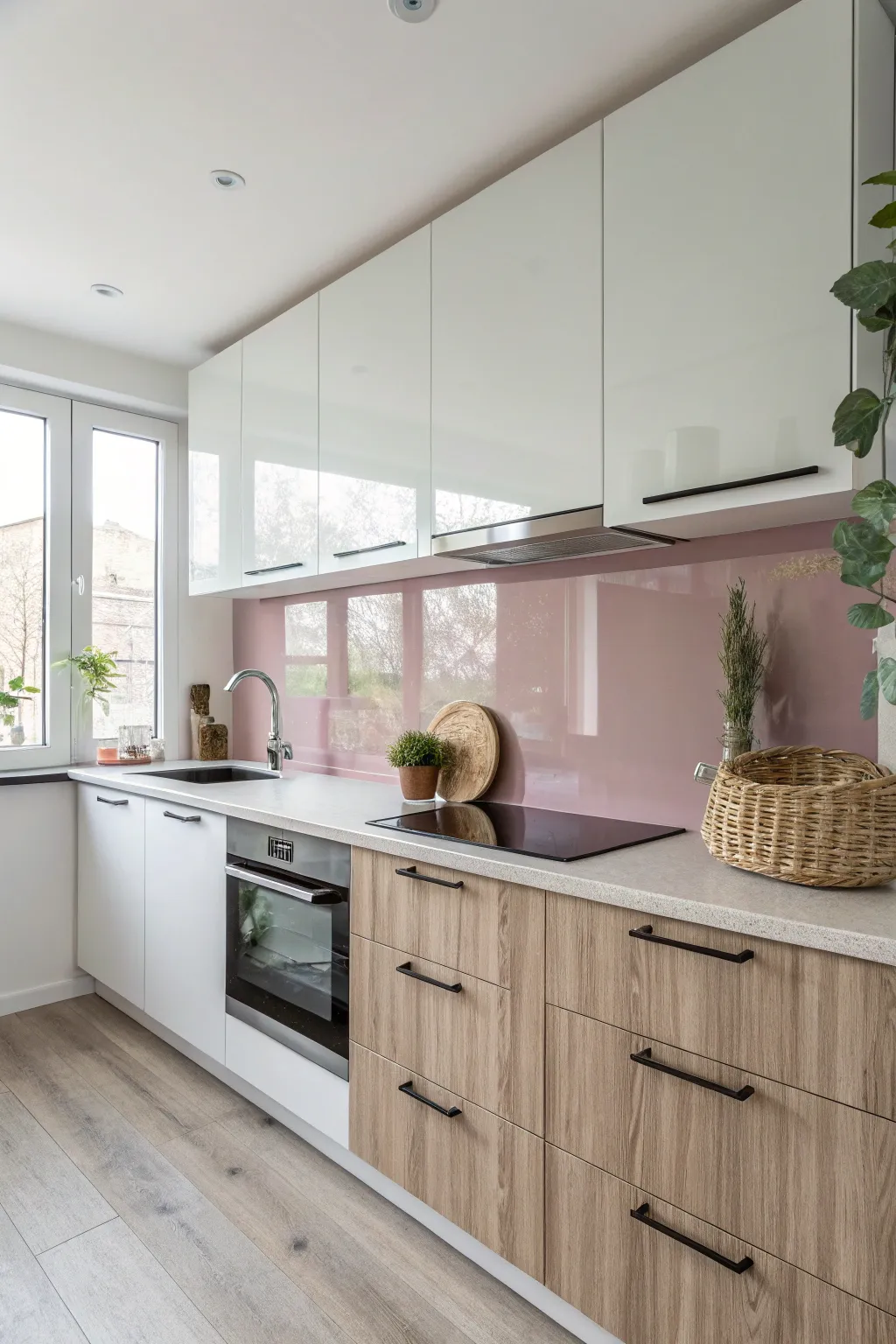 Transform your kitchen into a masterpiece with a pastel back-painted glass backsplash—where art meets simplicity.