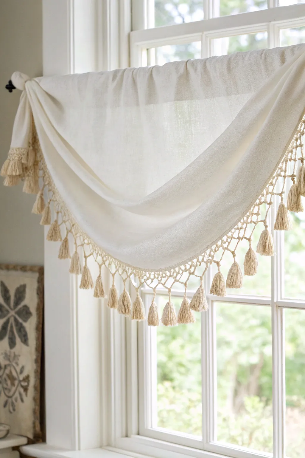 Elevate your space with a playful touch of tassel trim for a chic, minimalist vibe. #ScandinavianStyle #BohoElegance