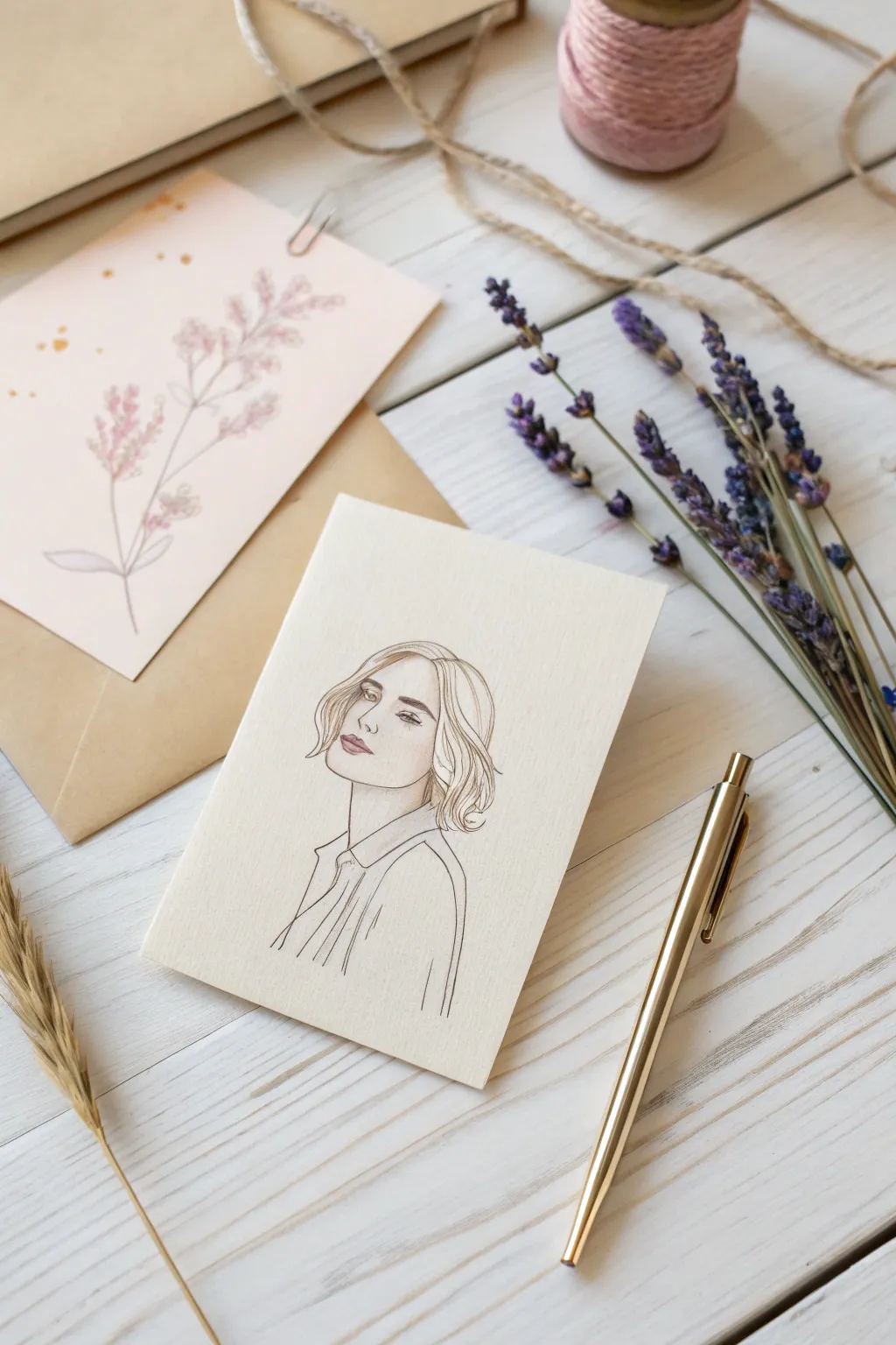 Add a personal touch with a hand-drawn portrait on your note card, blending minimalist elegance with a hint of Boho flair.