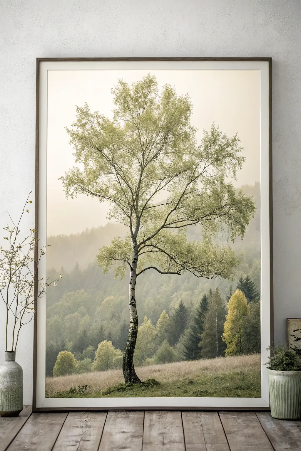 Discover the serene elegance of a monochrome fall forest, where simplicity meets natural beauty in olive hues.