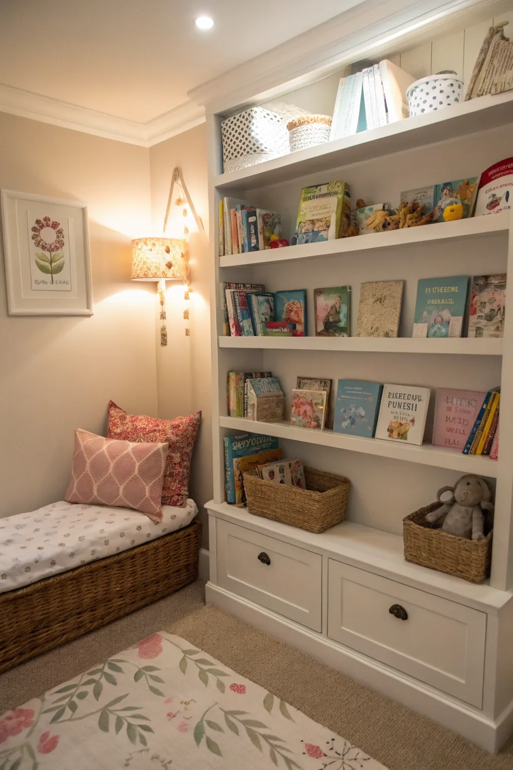 Custom shelving in nooks maximizes space efficiency.