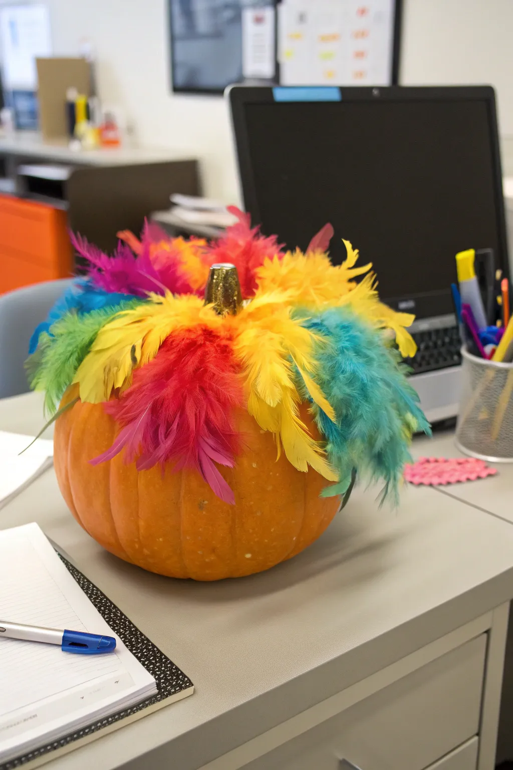 A vibrant feathered fantasy pumpkin, bringing whimsy and color to the office.