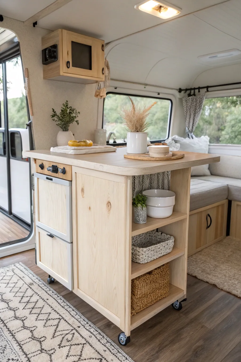 Transform your camper's kitchen with a stylish and functional compact island. #CamperRemodel #MinimalistDesign