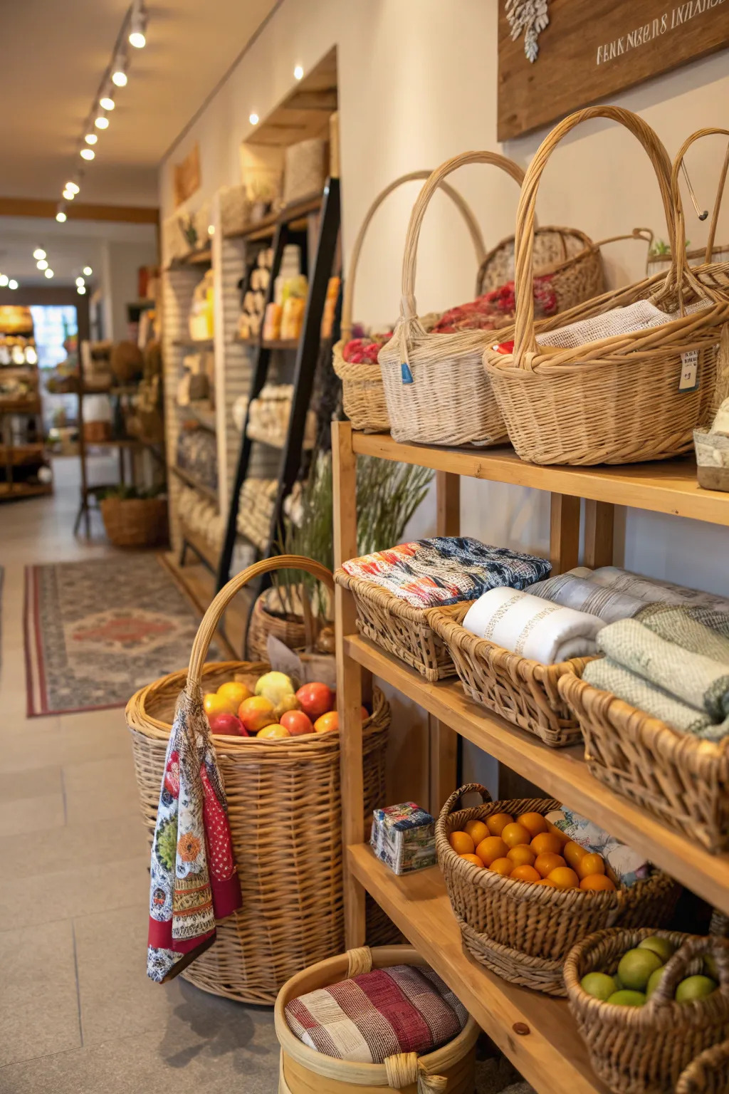 Woven baskets filled with assorted small goods.