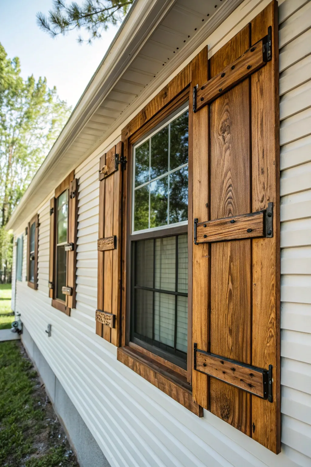 Elevate your mobile home with handcrafted shutters for timeless charm.