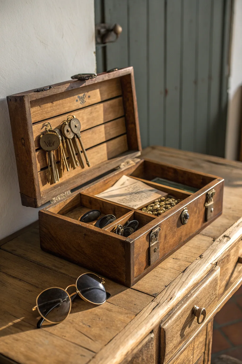 Transform your entryway with timeless craftsmanship: A vintage toolbox as your stylish catch-all.