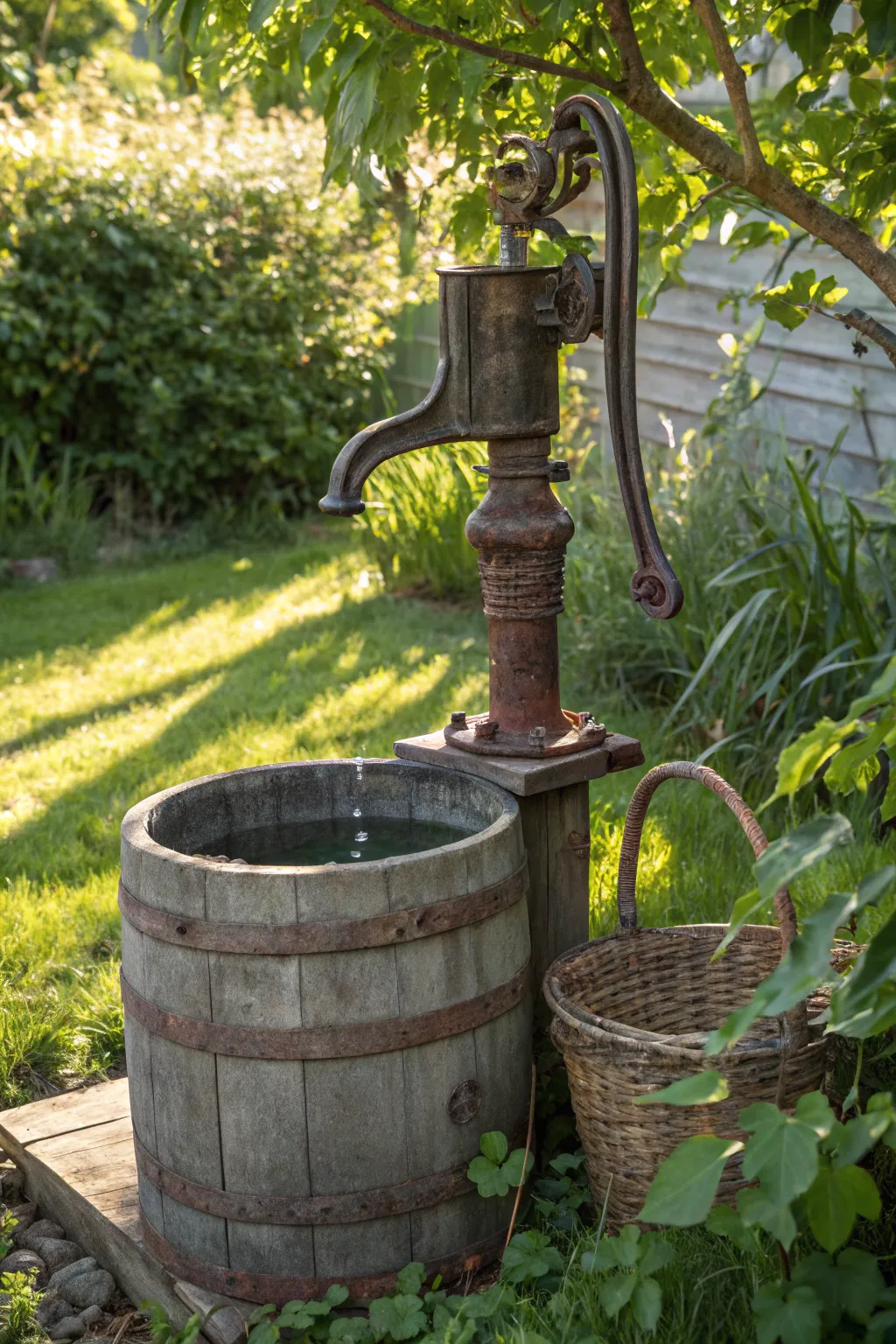 Harness the beauty of vintage craftsmanship with this rustic rainwater collector.