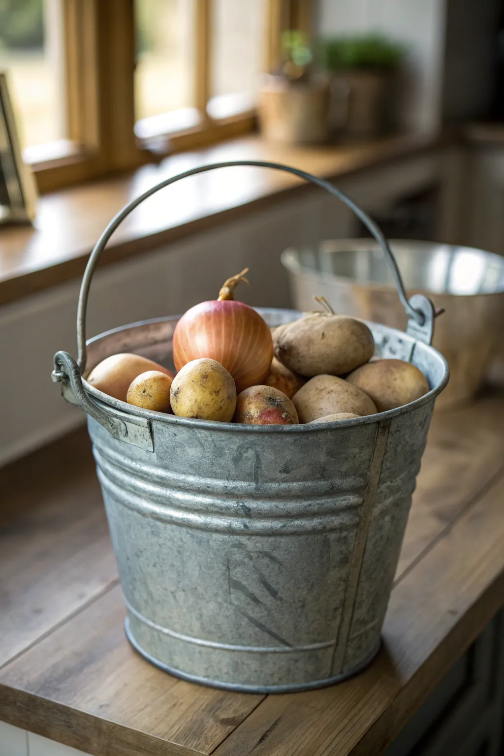 Elevate kitchen storage with rustic galvanized buckets for a touch of farmhouse elegance.