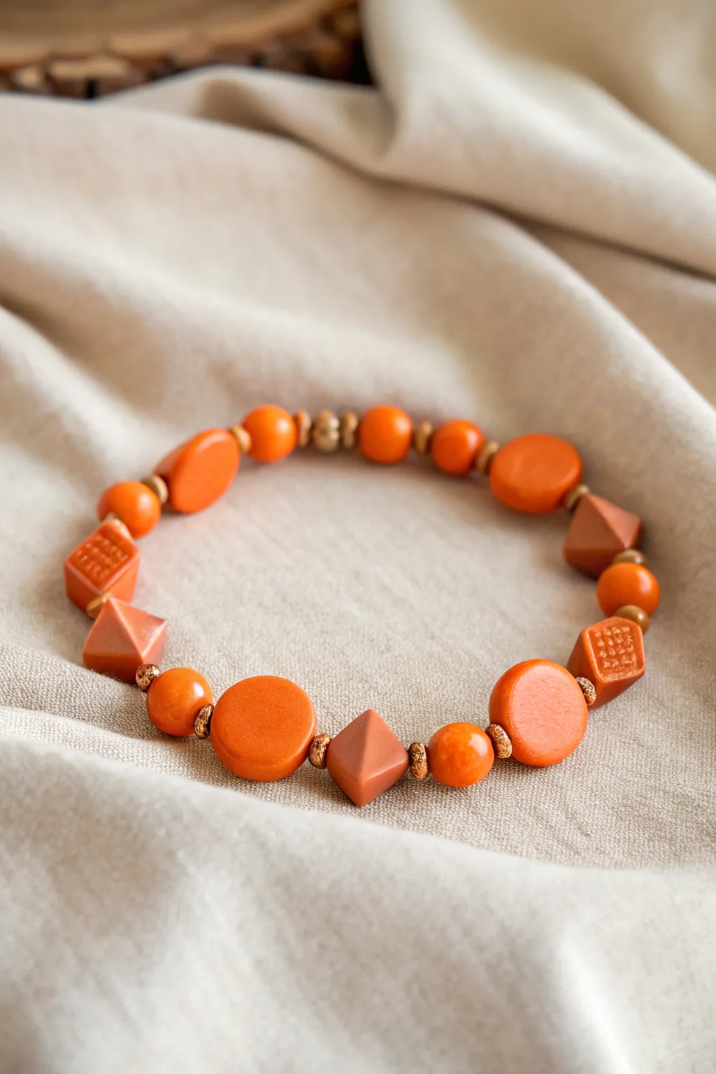 Elevate your style with a modern twist: Geometric orange clay beads in perfect harmony.