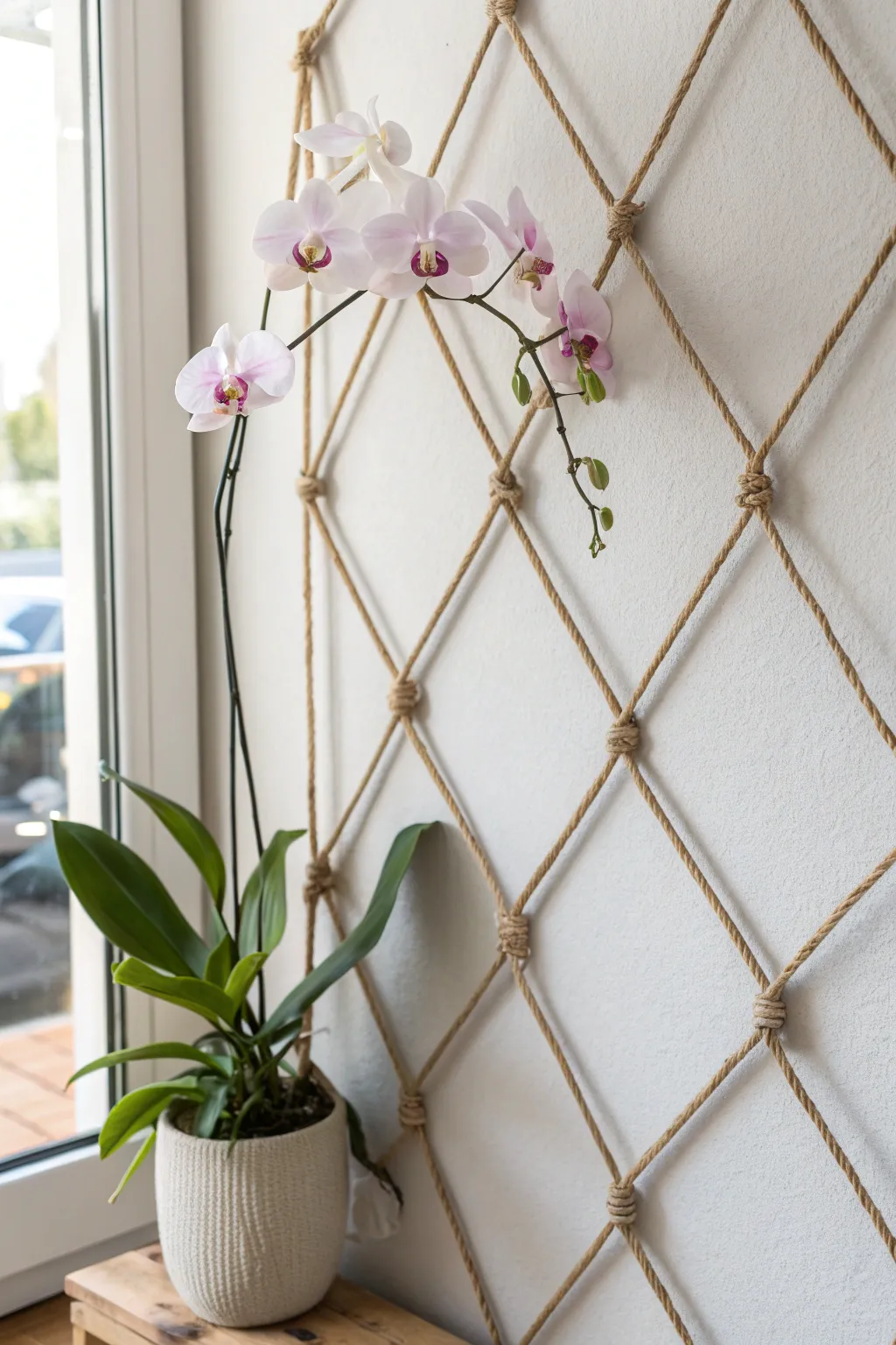 Embrace simplicity and elegance with a DIY string trellis for your orchids.