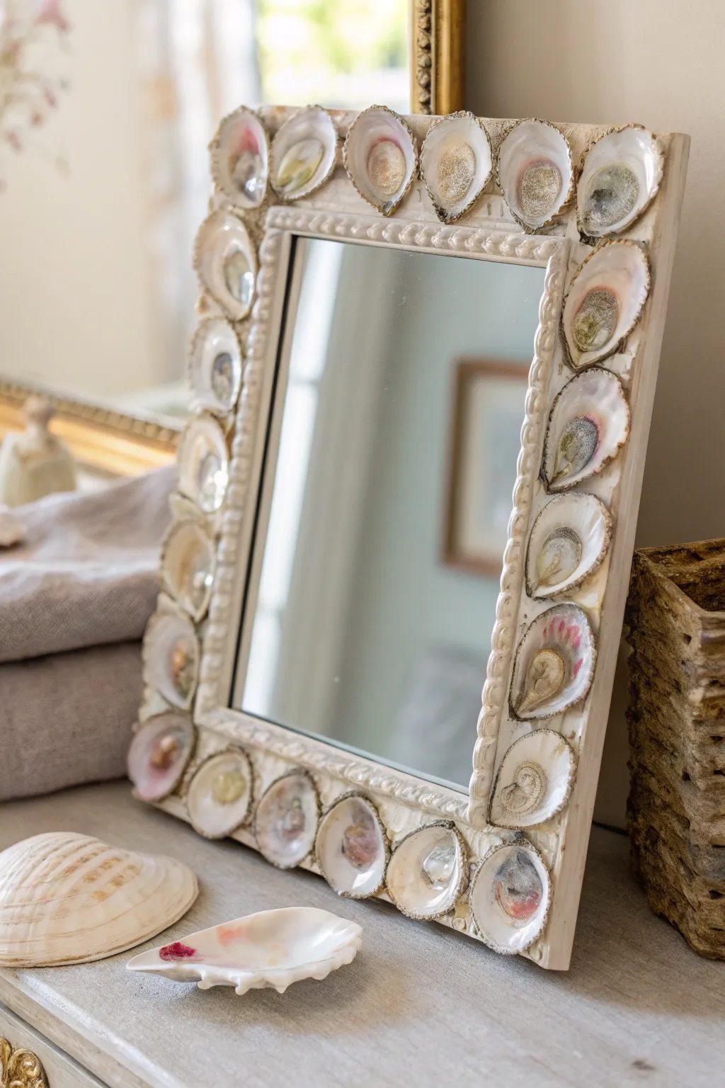 Embrace coastal elegance with a handcrafted oyster shell mirror that adds a touch of seaside charm to any space.