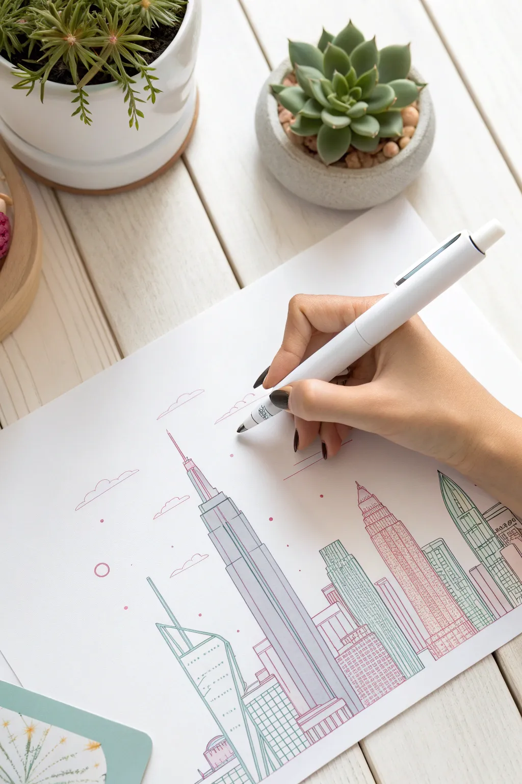 Craft your urban dreams with a minimalist cityscape in pastel hues. Perfect for adding a touch of wanderlust to your decor.