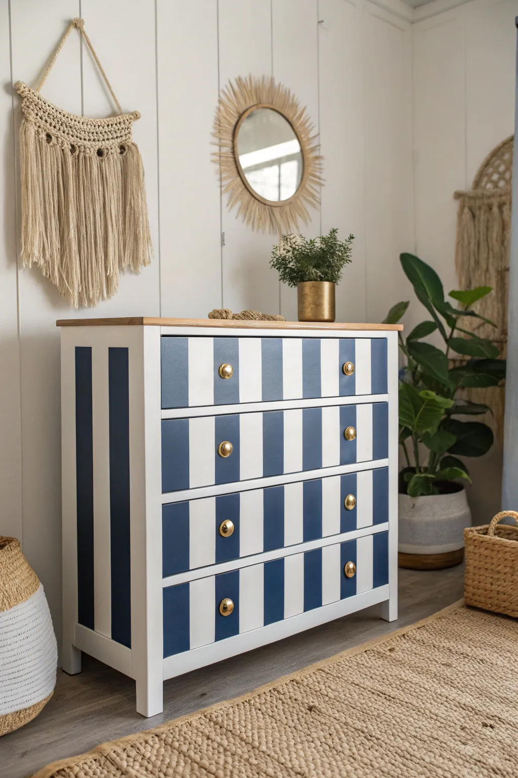 Elevate your space with this striped sophistication — a perfect blend of Scandinavian minimalism and nautical charm.