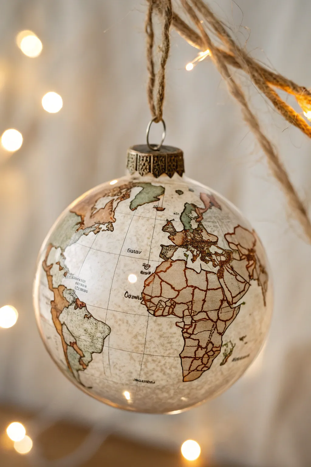 Capture the spirit of wanderlust with a hand-painted vintage map ornament, a perfect blend of minimalist elegance and bohemian charm.