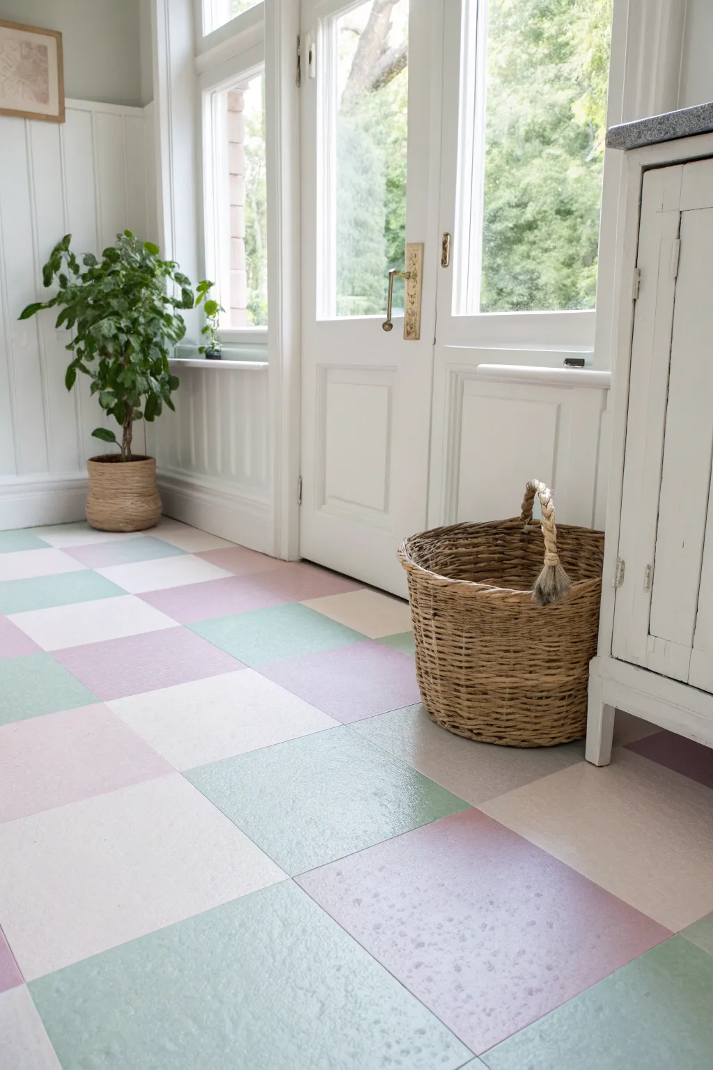 Step into a pastel dream with this enchanting linoleum floor.