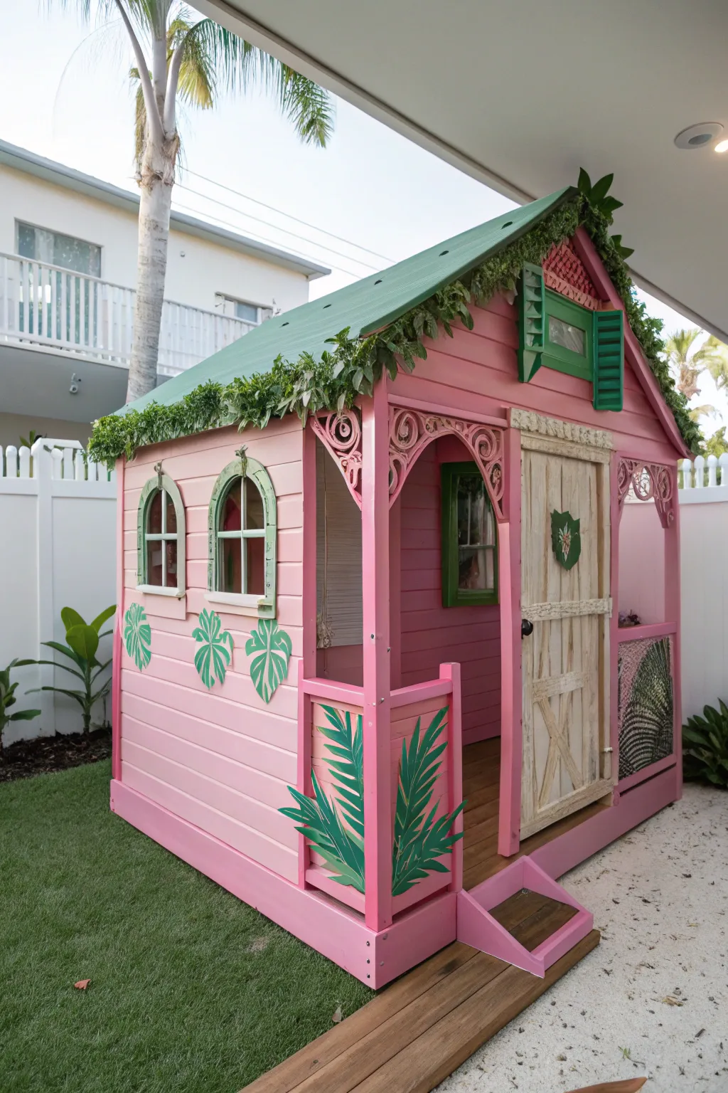 Transform your backyard into a tropical paradise with this charming playhouse, where every day feels like a vacation!