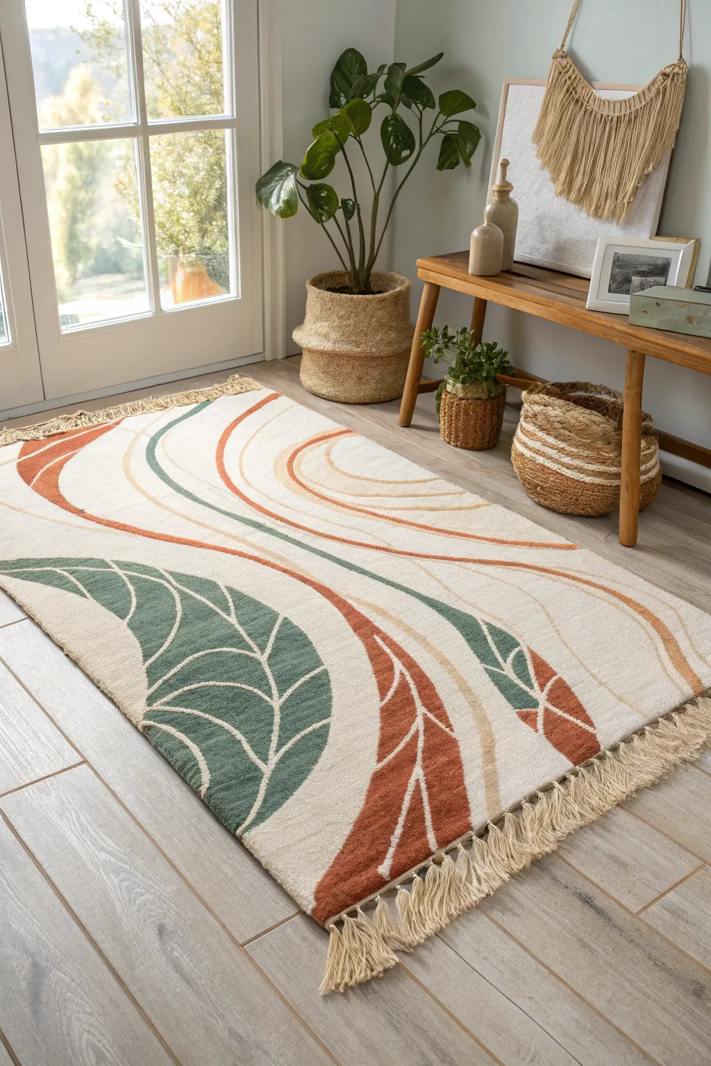 Embrace your creative spirit with a hand-painted abstract rug that adds a touch of artistry to any minimalist space.