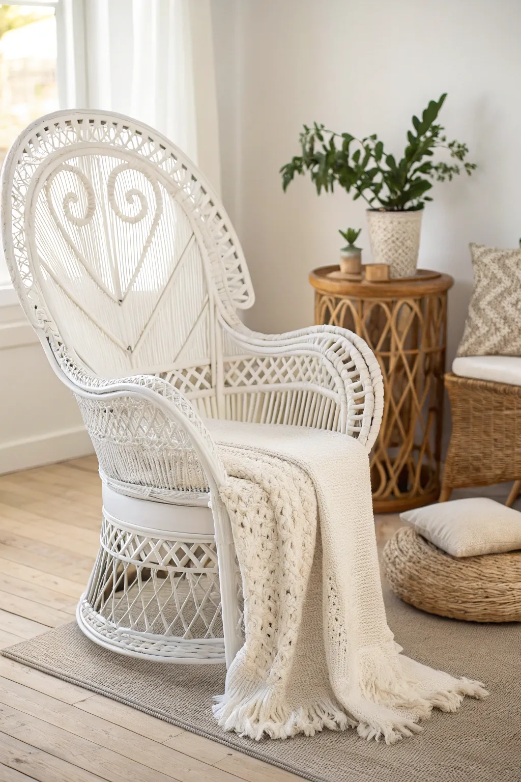 Transform your space with the timeless elegance of a classic white wicker chair, where minimalist design meets Boho charm.