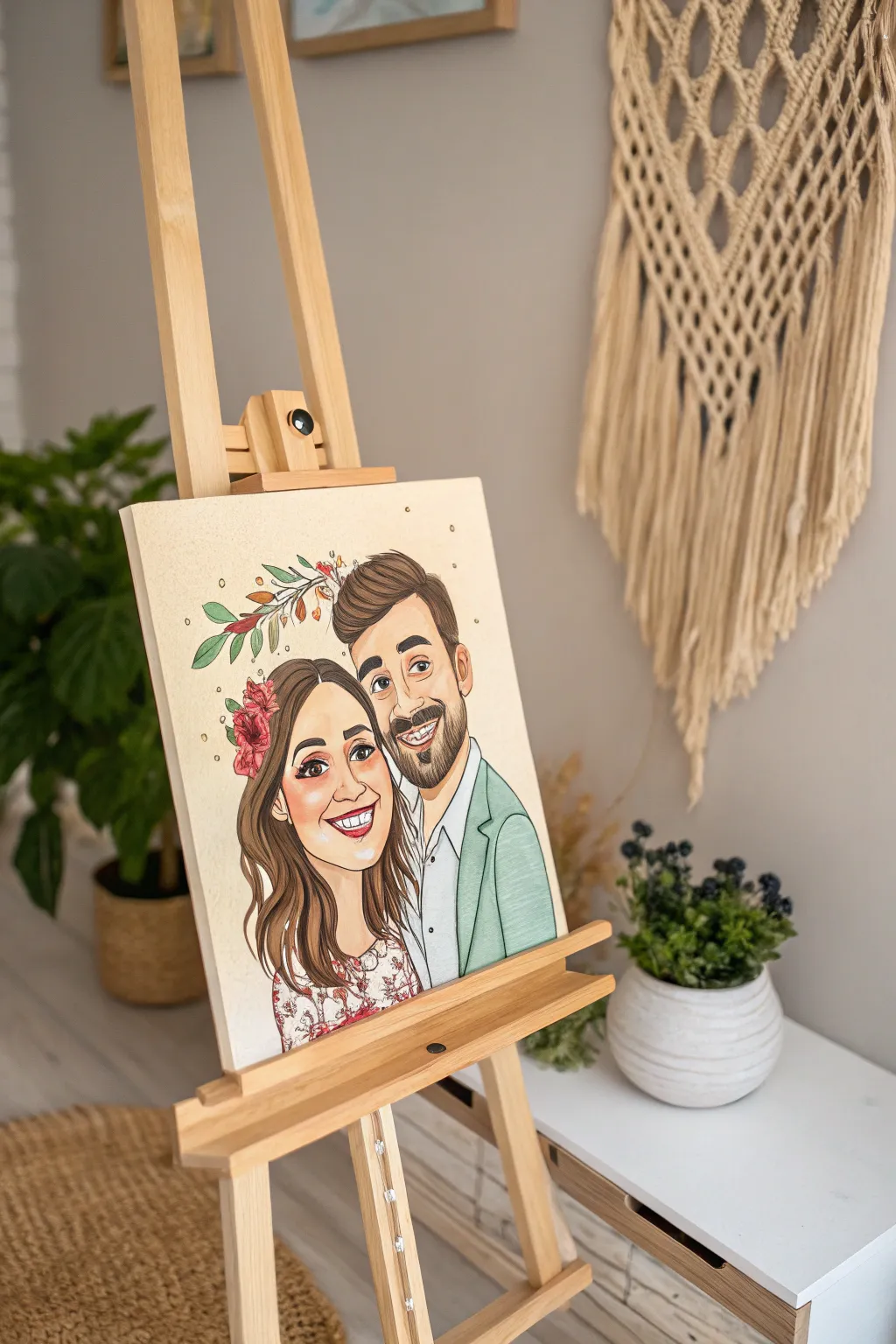 Capture the joy of your favorite date with a whimsical caricature painting that adds a touch of charm to any space.